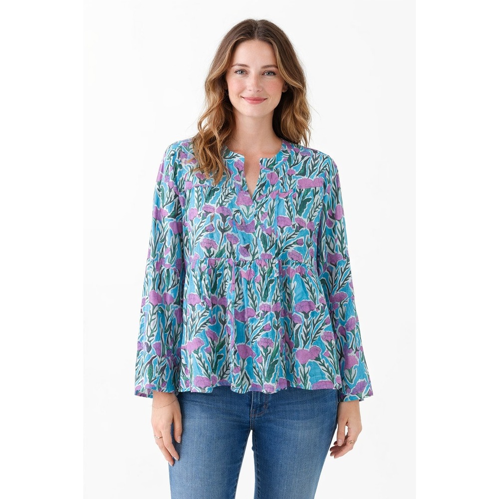 Warm NY Mod Botanical Floral Cotton Swing Blouse Top Blue Pink Size 2